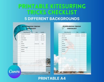 Kitesurfing Tricks Checklist: Printable Kite Surf Trick List, Canva Template for Kitesurfers, Ideal Gift for Kite Surfer