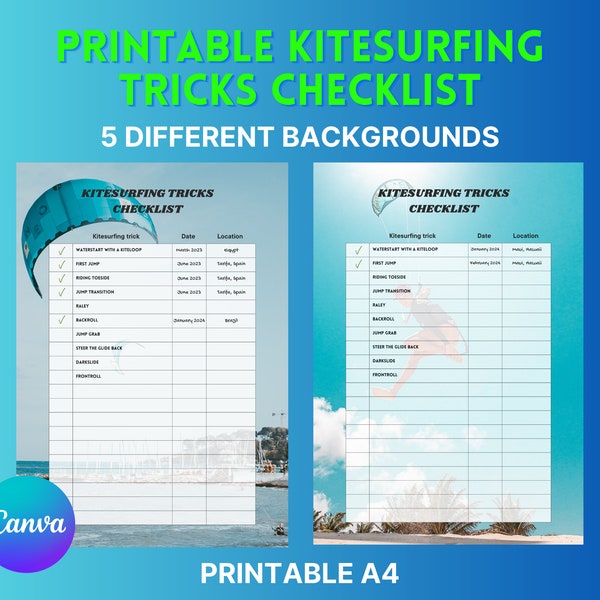 Kitesurfing Tricks Checklist: Printable Kite Surf Trick List, Canva Template for Kitesurfers, Ideal Gift for Kite Surfer