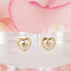 14k Solid Gold Heart Baby Girl Screwback Stud Earrings