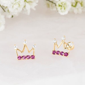 14k Solid Gold Princess Crown Baby Girl Screwback Stud Earrings
