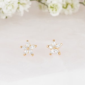 14k Solid Gold Flower Cubic Zirconia Baby Girl Screwback Stud Earrings