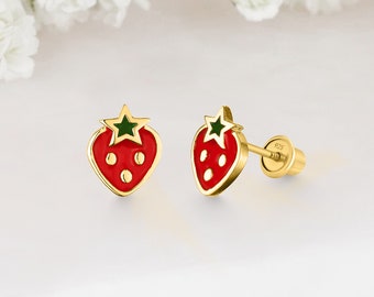 Orecchini a perno con chiusura a vite a forma di fragola per bambina, in argento placcato oro giallo 14k