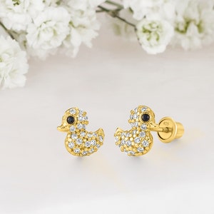14k Yellow Gold Plated Silver Duck Baby Girl Screwback Stud Earrings