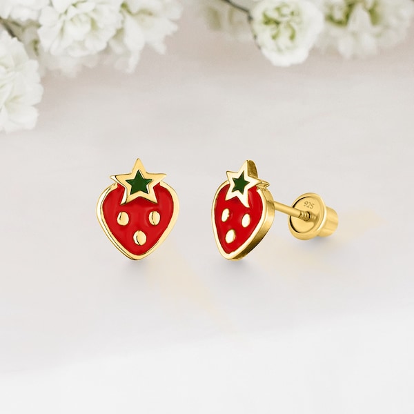 14k Yellow Gold Plated Silver Strawberry Baby Girl Screwback Stud Earrings