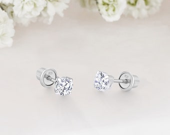 Orecchini a perno rotondi con chiusura a vite per bambina in argento sterling 925 placcati in rodio