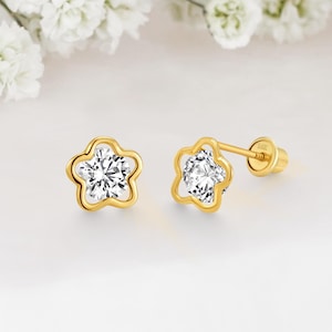 14k Solid Gold Flower Baby Girl Screwback Stud Earrings