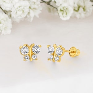 14k Solid Gold Butterfly Baby Girl Screwback Stud Earrings