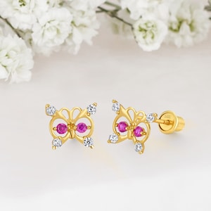14k Solid Gold Butterfly Baby Girl Screwback Stud Earrings