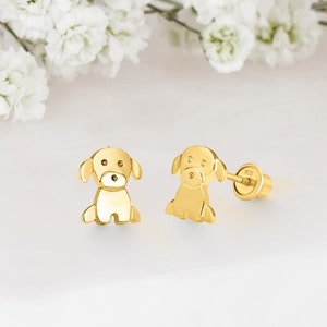 14k Yellow Gold Plated Silver Dog Baby Girl Screwback Stud Earrings