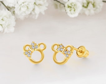 14k Yellow Gold Plated Silver Mouse Baby Girl Screwback Stud Earrings