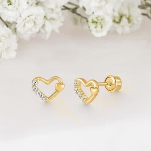 14k Solid Gold Open Heart Baby Girl Screwback Stud Earrings