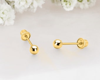 14k Solid Gold Ball Hollow Baby Girl Screwback Kolczyki-sztyfty