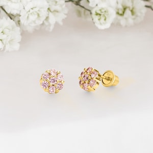 14k Yellow Gold Plated Silver Flower Baby Girl Screwback Stud Earrings