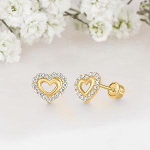 14k Solid Gold Heart Baby Girl Screwback Stud Earrings