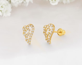 Pendientes de oro macizo de 14k con forma de ala de ángel para bebé niña con cierre de rosca