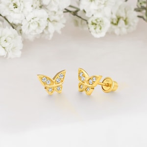 14k Yellow Gold Plated Silver Butterfly Baby Girl Screwback Stud Earrings