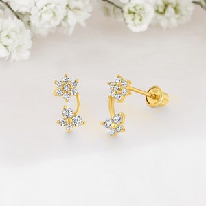 14k Solid Gold Flower and Butterfly Baby Girl Screwback Stud Earrings