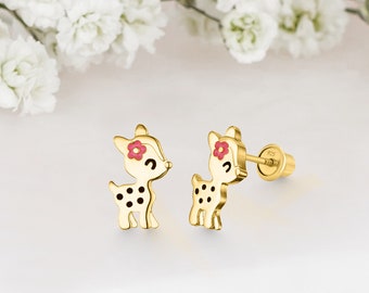 Orecchini a perno con chiusura a vite per bambina a forma di cervo in argento placcato oro giallo 14k