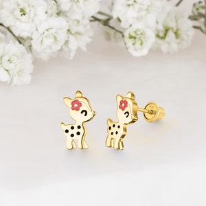 14k Yellow Gold Plated Silver Deer Baby Girl Screwback Stud Earrings