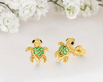 14k Yellow Gold Plated Silver Turtle Baby Girl Screwback Stud Earrings