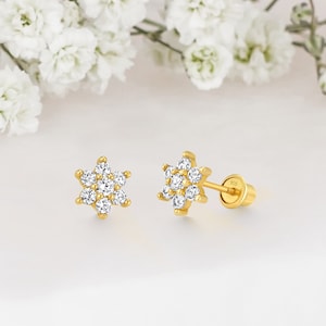 14k Yellow Gold Plated Silver Flower Baby Girl Screwback Stud Earrings