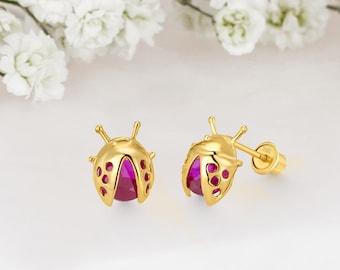14k Solid Gold Lady bug Baby Girl Screwback Stud Earrings