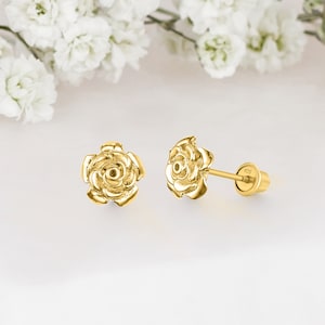 14k Yellow Gold Plated Silver Rose Baby Girl Screwback Stud Earrings