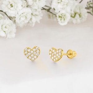 14k Solid Gold Small Heart Baby Girl Screwback Stud Earrings