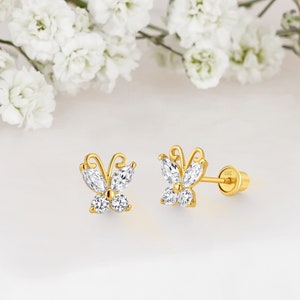 14k Solid Gold Butterfly Baby Girl Screwback Stud Earrings