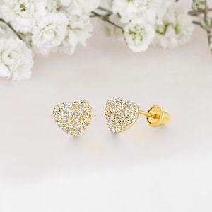 14k Yellow Gold Plated Silver Heart Cubic Zirconia Baby Girl Screwback Stud Earrings