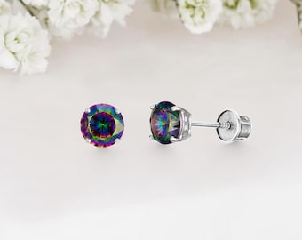 14k Solid White Gold Rainbow Round 3-6mm Baby Girl Screwback Stud Earrings