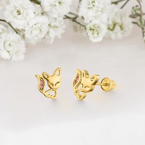 14k Yellow Gold Plated Silver Fox Baby Girl Screwback Stud Earrings