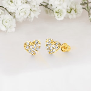 14k Yellow Gold Plated Silver Heart Cubic Zirconia Baby Girl Screwback Stud Earrings