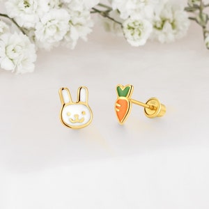 14k Solid Gold Rabbit with Carrot Baby Girl Screwback Stud Earrings