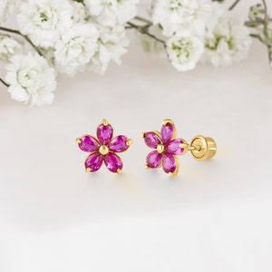 14k Solid Gold Flower Baby Girl Screwback Stud Earrings