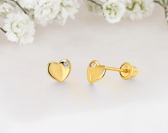 14k Solid Gold Heart Baby Girl Screwback Stud Earrings