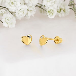 14k Solid Gold Heart Baby Girl Screwback Stud Earrings