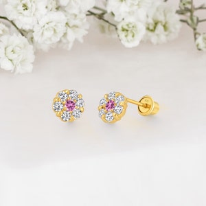 14k Yellow Gold Plated Silver Flower Baby Girl Screwback Stud Earrings