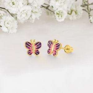 14k Yellow Gold Plated Silver Butterfly Baby Girl Screwback Stud Earrings