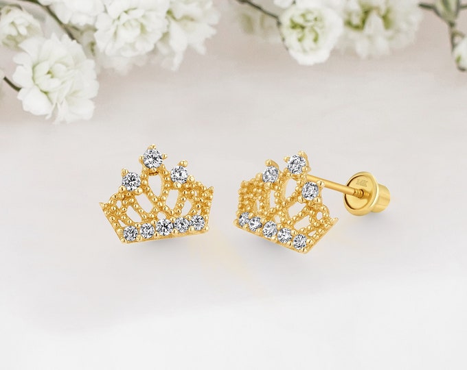 14k Solid Gold Princess Princess Crown Baby Girl Screwback Stud Earrings
