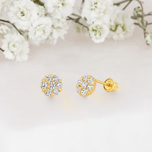14k Solid Gold Bigger Flower Cubic Zirconia Baby Girl Screwback Stud Earrings