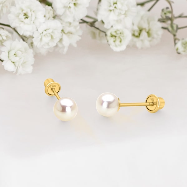 14k Solid Gold Pearl Baby Girl Screwback Stud Earrings