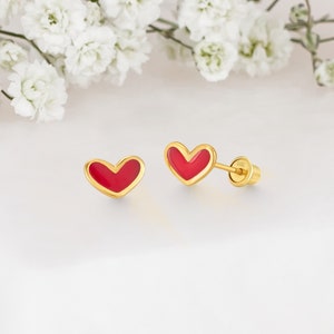 14k Solid Gold Red Heart Baby Girl Screwback Stud Earrings