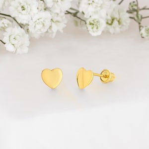 14k Solid Gold Plain Heart Baby Girl Screwback Stud Earrings