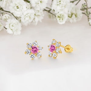 14k Yellow Gold Plated Silver Flower Baby Girl Screwback Stud Earrings