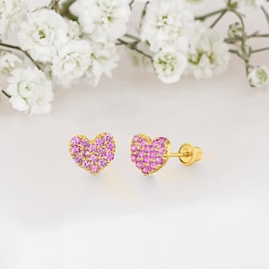 14k Solid Gold Bigger Heart Cubic Zirconia Baby Girl Screwback Stud Earrings