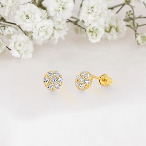 14k Solid Gold Small Flower Baby Girl Screwback Stud Earrings