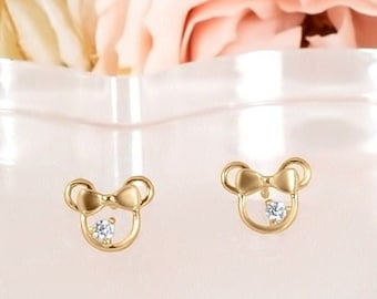 14k Solid Gold Mouse Baby Girl Screwback Stud Earrings