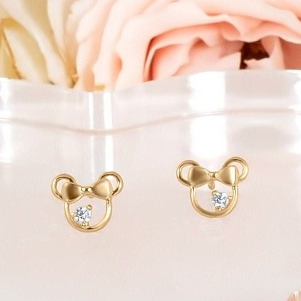 14k Solid Gold Mouse Baby Girl Screwback Stud Earrings