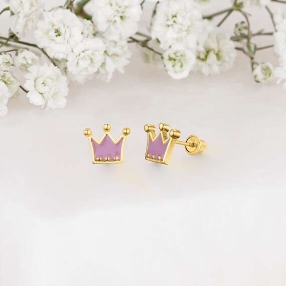 14k Yellow Gold Plated Silver Crown Baby Girl Screwback Stud